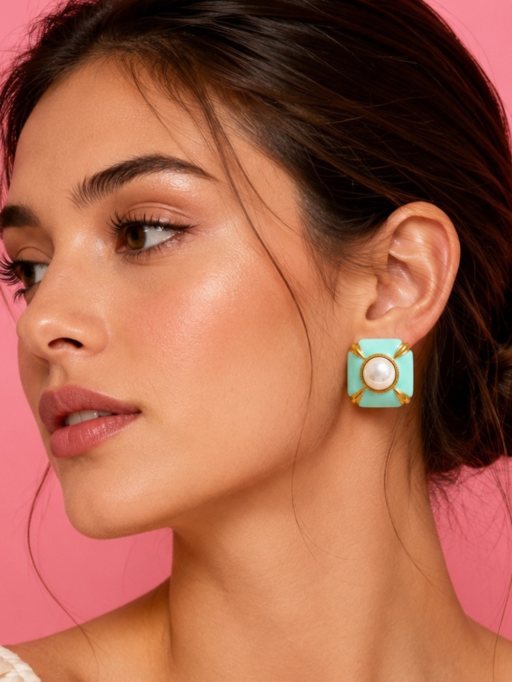 Vintage Gold Aqua Pearl Enamel Earrings